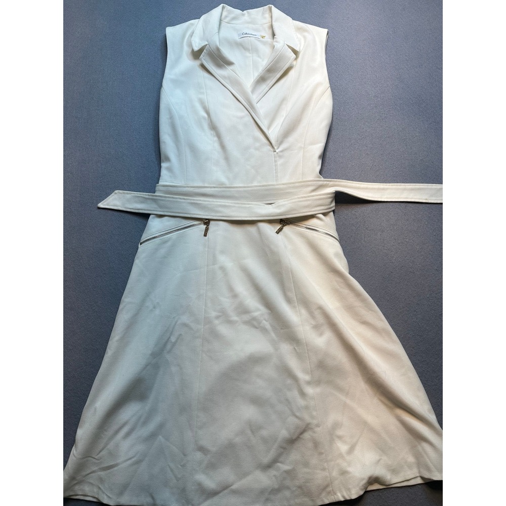 Calvin Klein Cream Sleeveless Fit & Flare Belted Dress Size 4 - 118
